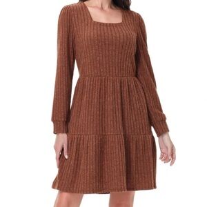Frye Ribbed Square-Neck Tiered Dress in Rust Brown